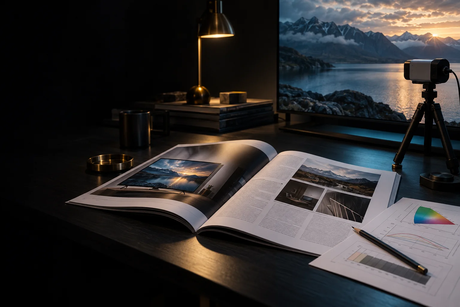 Aufgeschlagenes Fachmagazin und Messdiagramme vor einem Testdisplay im dunklen Studio