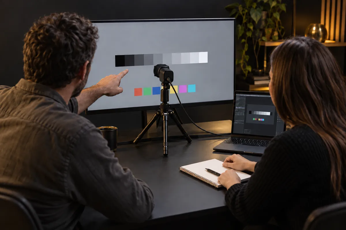 Illustration of one-to-one training: an instructor explains monitor test patterns to a participant, with a measuring instrument on the desk